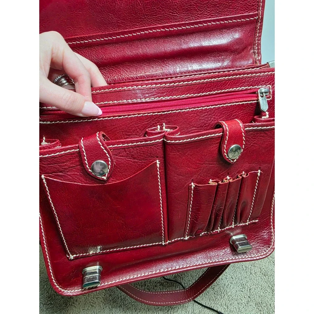 Vintage Italian Genuine Leather Organizer Satchel Crossbody with Shoulder Strap